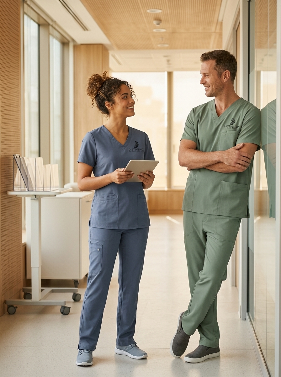 Equipo médico con scrubs Distintivo en pasillo de clínica