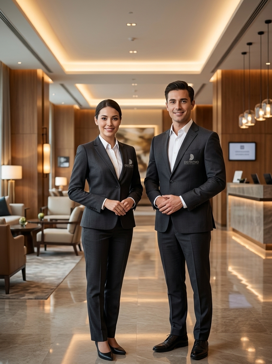 Equipo de recepción de hotel con uniforme Distintivo