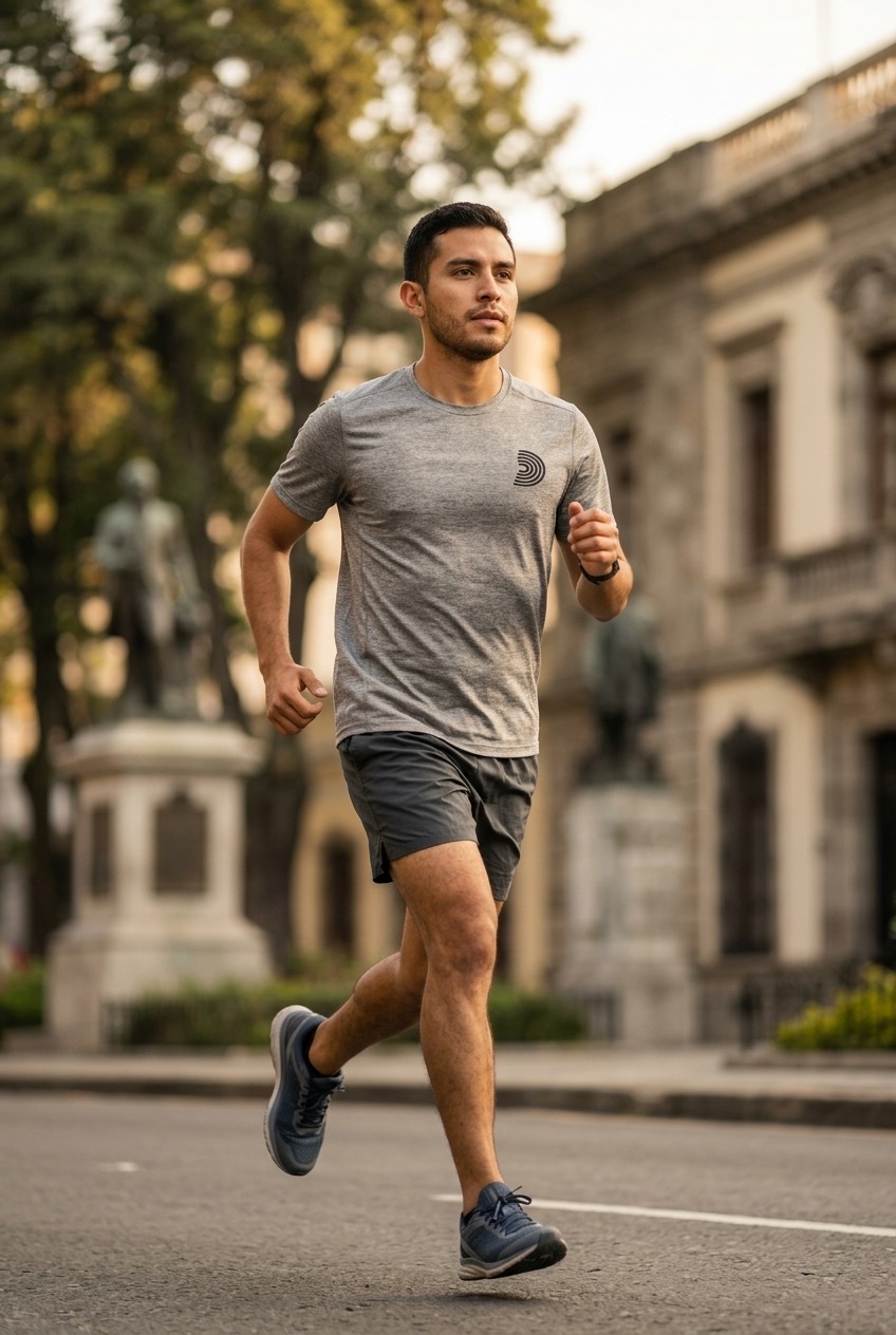 Playera técnica para runners Distintivo, corriendo en calle empedrada