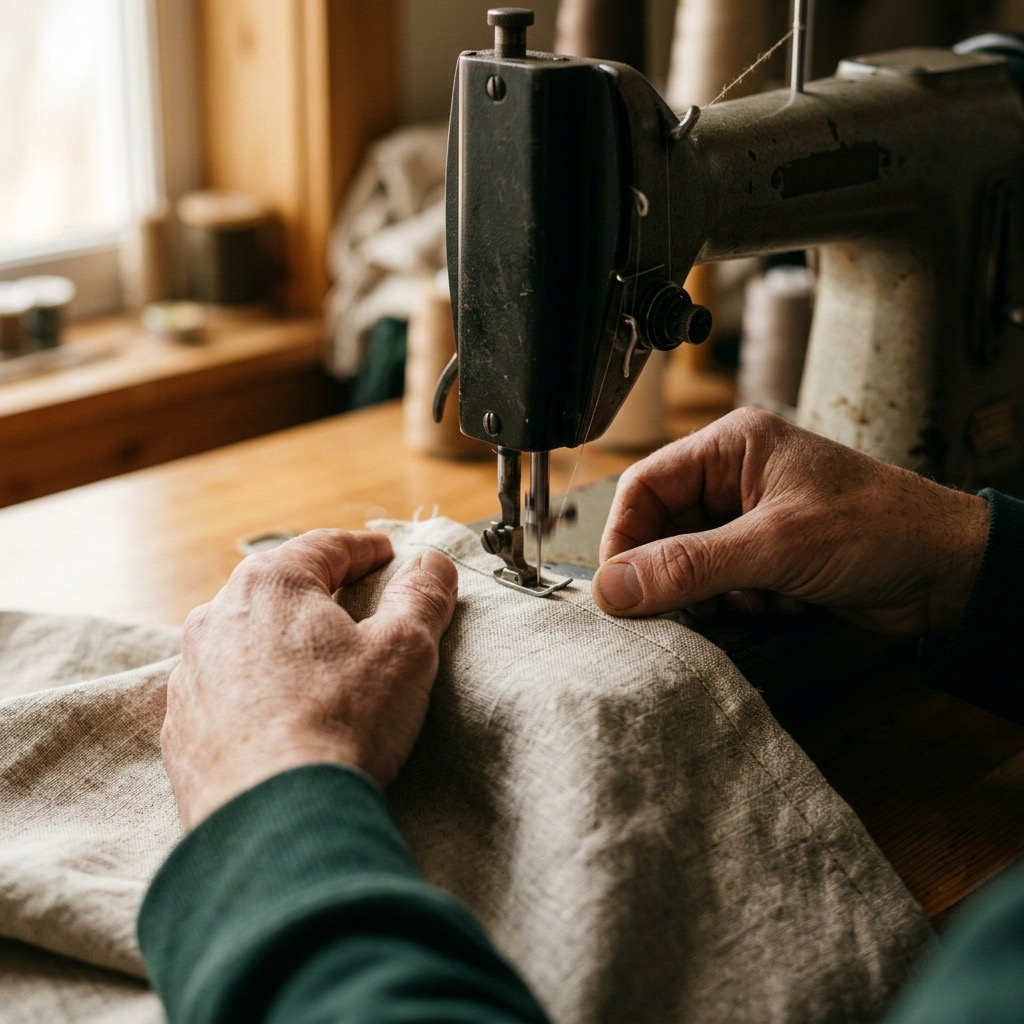 Manos trabajando una prenda en manufactura Distintivo